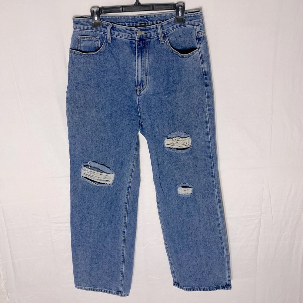 Cider High Rise Med Wash Distressed Wide Leg Jeans XL/32